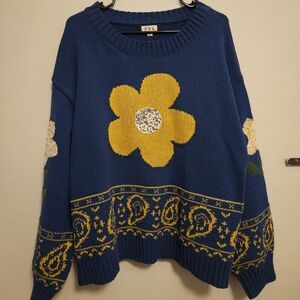 POL Women's Blue Sweater with Yellow Floral Design
